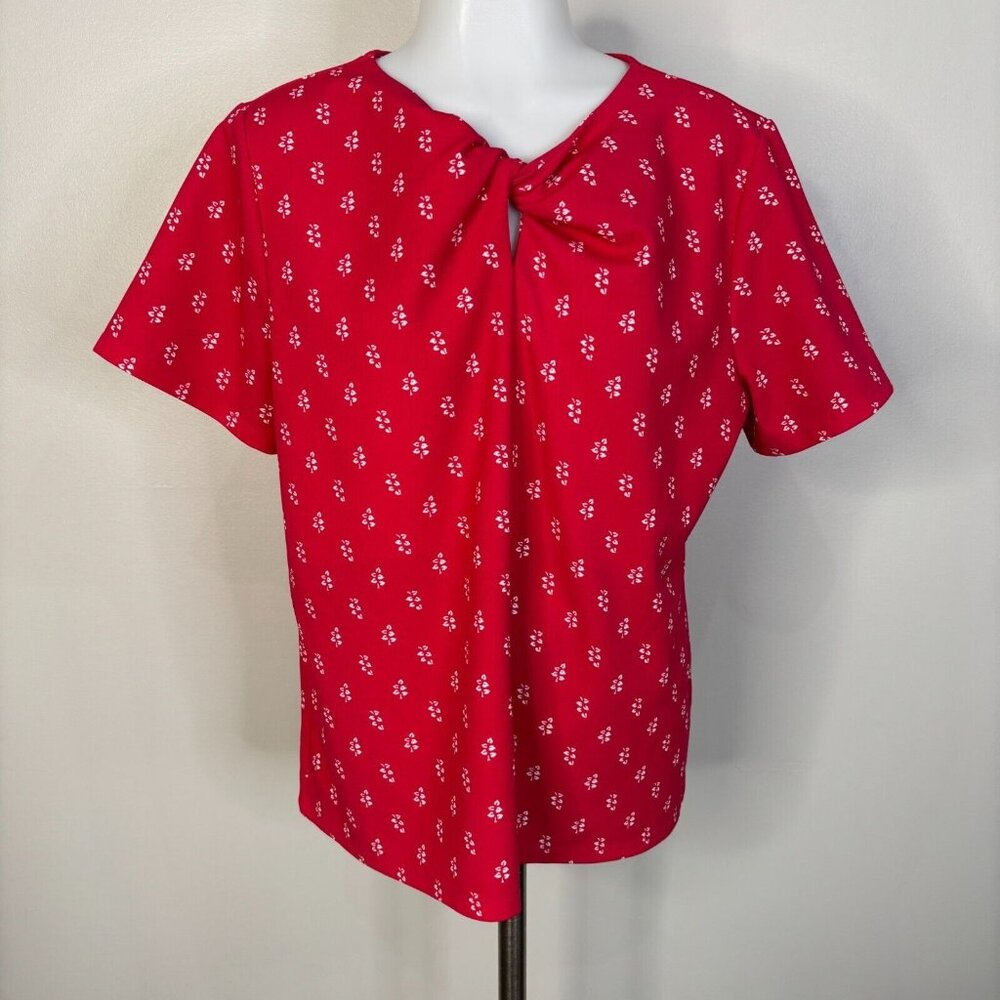 Ann Taylor Top Large Pink Floral Twist Neckline Stretch Short‎ Sleeve Blouse